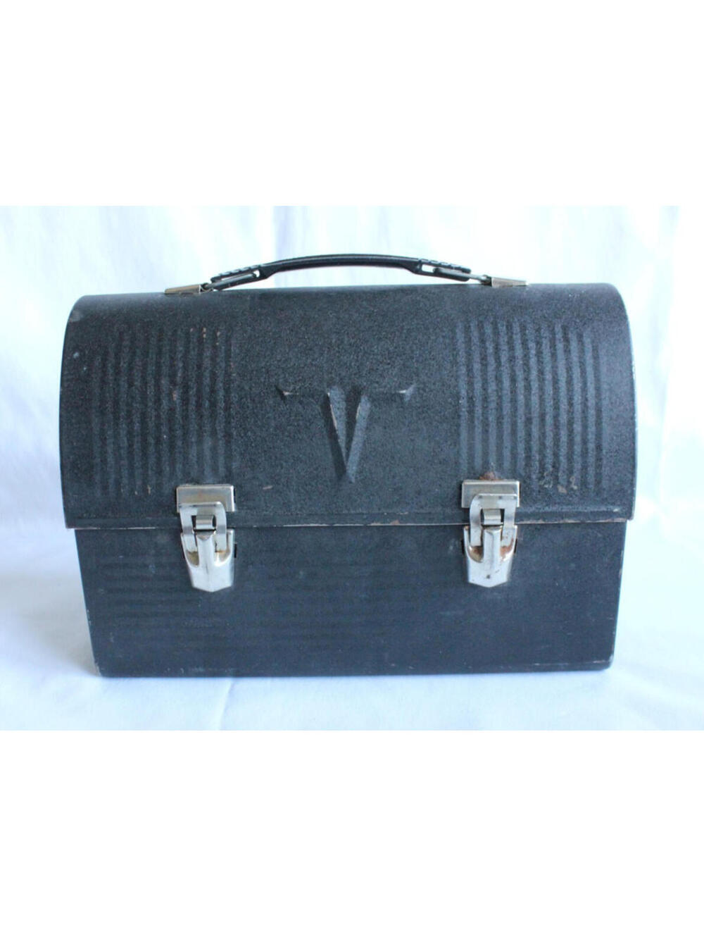 Vtg King-Seeley Thermos Co. Black Metal V Dome Lunchbox Red Plaid Thermos Bottle